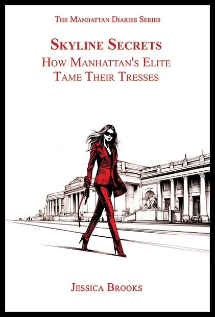 Front cover of “Skyline Secrets: How Manhattan’s Elite Tame Their Tresses,” transform, showcasing hairstyle.